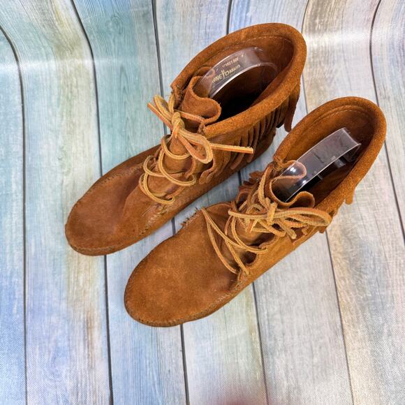 Minnetonka Tramper Ankle Boots Size 7 Leather Suede Lace Up Fringe Vintage Boho - Picture 2 of 8